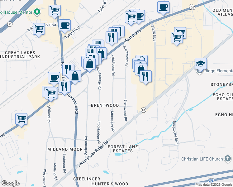 map of restaurants, bars, coffee shops, grocery stores, and more near 8040 Middlesex Road in Mentor