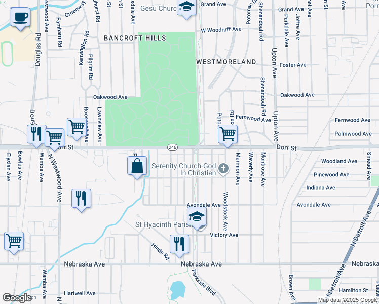 map of restaurants, bars, coffee shops, grocery stores, and more near 1130 Parkside Boulevard in Toledo