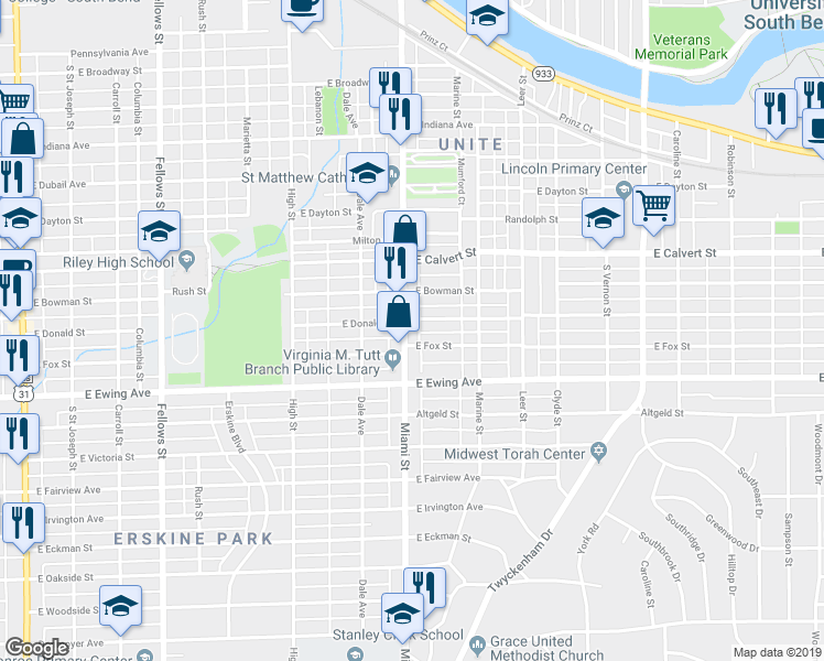 map of restaurants, bars, coffee shops, grocery stores, and more near 2123 Miami Street in South Bend