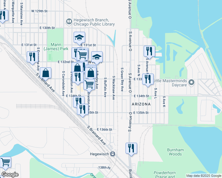 map of restaurants, bars, coffee shops, grocery stores, and more near 13359 South Buffalo Avenue in Chicago