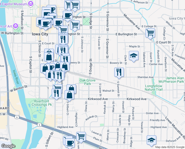 map of restaurants, bars, coffee shops, grocery stores, and more near 814 Page Street in Iowa City