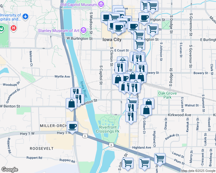 map of restaurants, bars, coffee shops, grocery stores, and more near 126 Lafayette Street in Iowa City