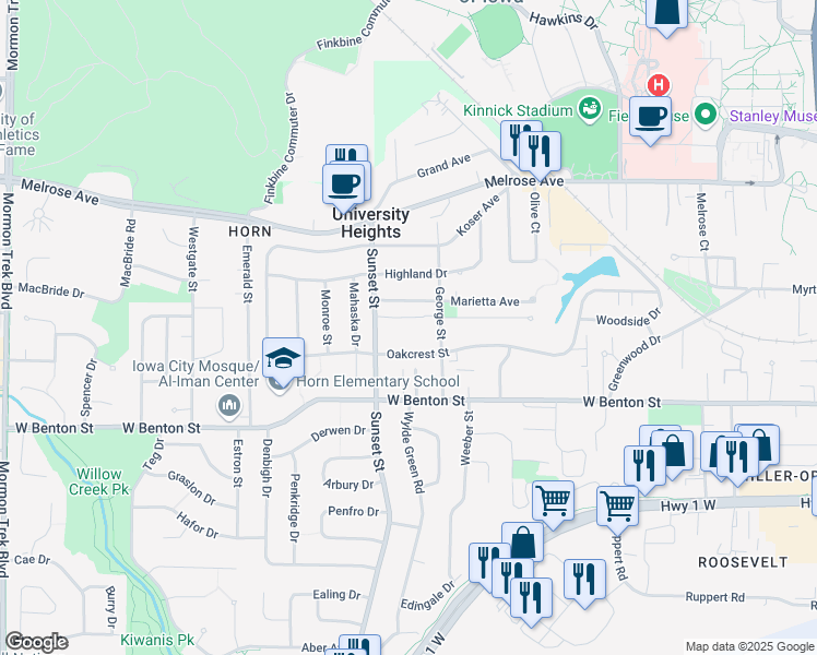 map of restaurants, bars, coffee shops, grocery stores, and more near 1308 Oakcrest Street in Iowa City