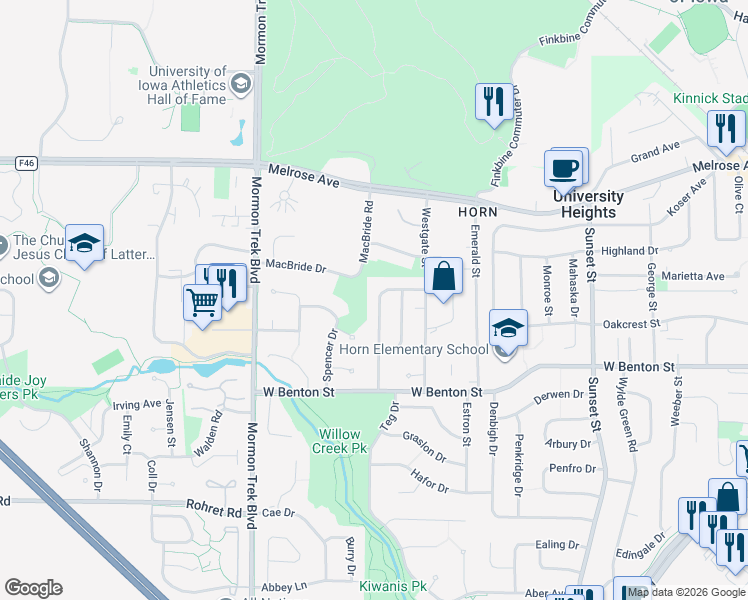 map of restaurants, bars, coffee shops, grocery stores, and more near 753 Keswick Drive in Iowa City