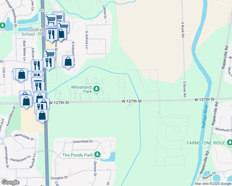 map of restaurants, bars, coffee shops, grocery stores, and more near 23610 West 127th Street in Plainfield