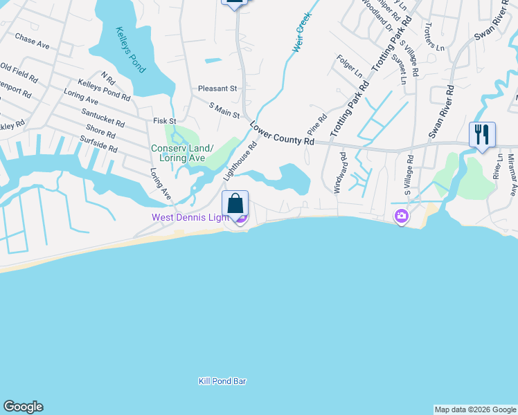 map of restaurants, bars, coffee shops, grocery stores, and more near 14 Ocean Park Way in Dennis