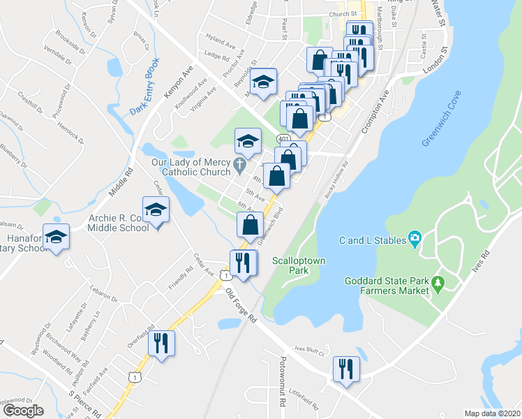 map of restaurants, bars, coffee shops, grocery stores, and more near 925 Main Street in East Greenwich