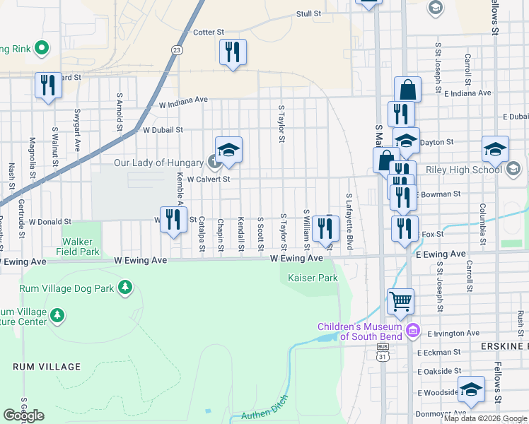 map of restaurants, bars, coffee shops, grocery stores, and more near 2020 South Scott Street in South Bend