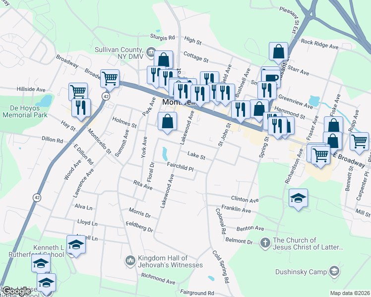 map of restaurants, bars, coffee shops, grocery stores, and more near 51 Lakewood Avenue in Monticello