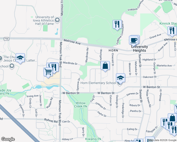 map of restaurants, bars, coffee shops, grocery stores, and more near 753 Keswick Drive in Iowa City
