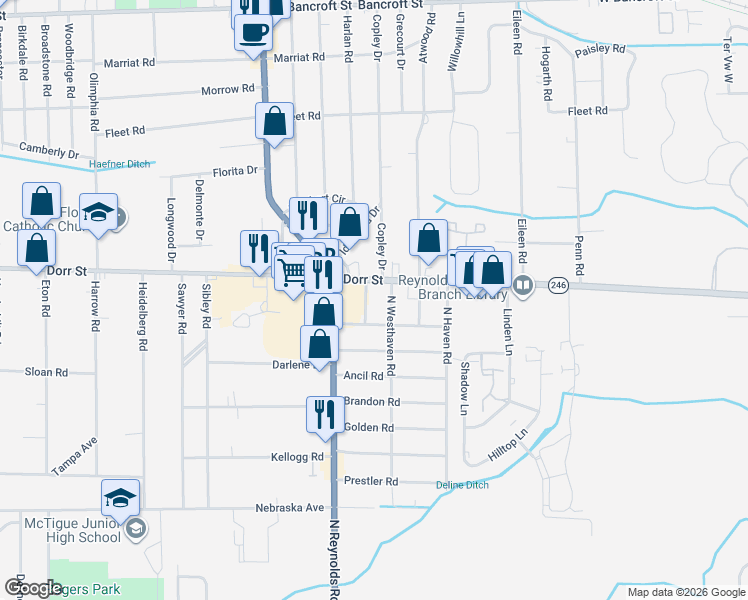 map of restaurants, bars, coffee shops, grocery stores, and more near 1301 North Westhaven Road in Toledo