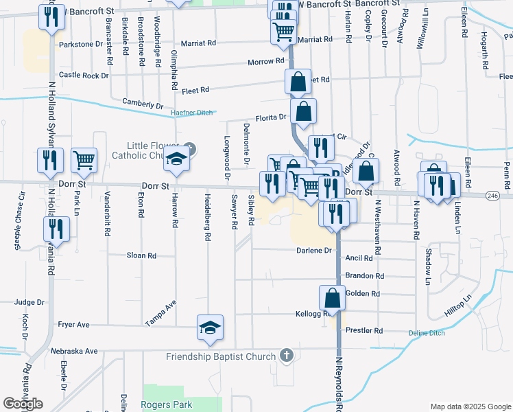 map of restaurants, bars, coffee shops, grocery stores, and more near 1122 Sibley Road in Toledo