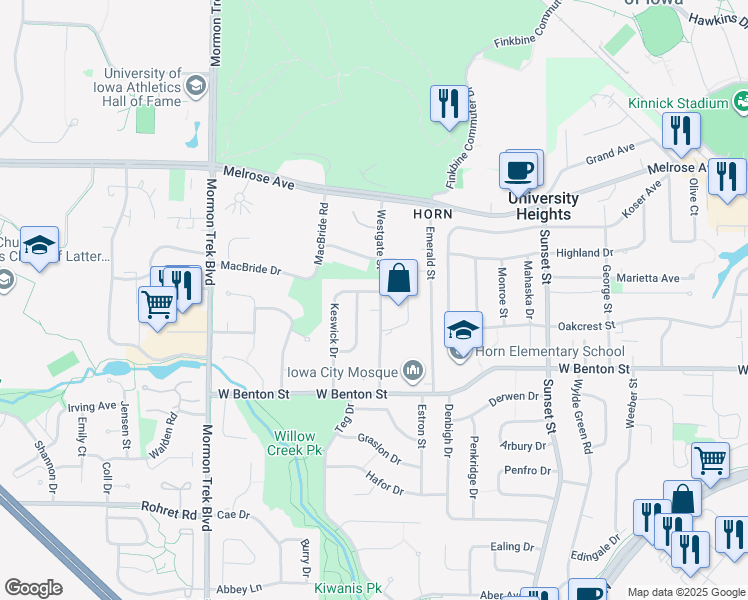map of restaurants, bars, coffee shops, grocery stores, and more near 630 Wheaton Road in Iowa City