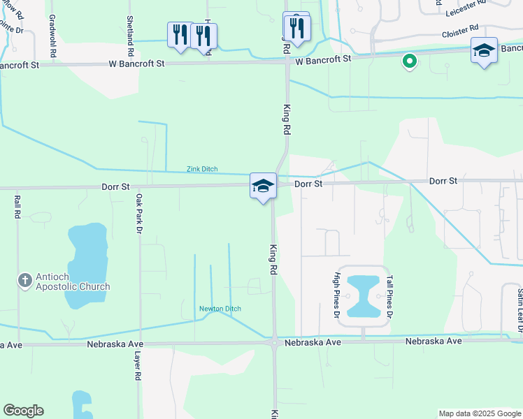 map of restaurants, bars, coffee shops, grocery stores, and more near 1205 King Road in Toledo