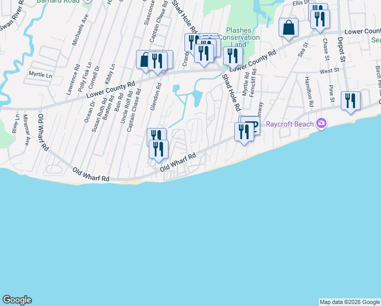 map of restaurants, bars, coffee shops, grocery stores, and more near 240 Old Wharf Road in Dennis