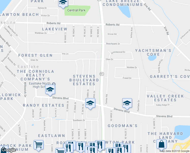 map of restaurants, bars, coffee shops, grocery stores, and more near 34898 Alcina Avenue in Eastlake