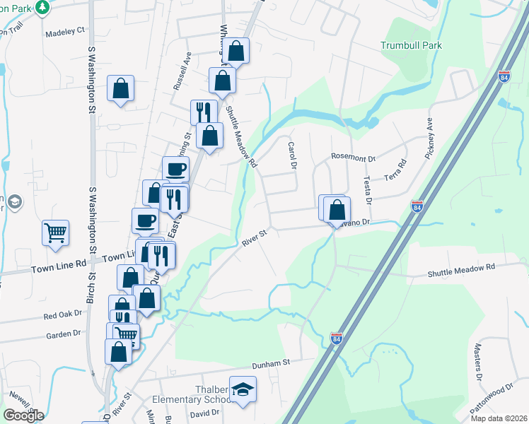 map of restaurants, bars, coffee shops, grocery stores, and more near 124 Shuttle Meadow Road in Plainville