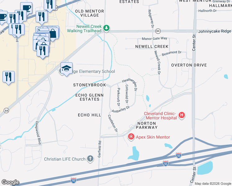 map of restaurants, bars, coffee shops, grocery stores, and more near 8056 Parkcroft Drive in Mentor