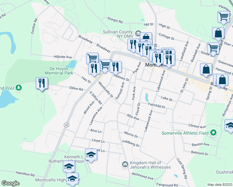 map of restaurants, bars, coffee shops, grocery stores, and more near 16 Monticello Street in Monticello