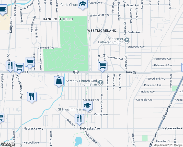 map of restaurants, bars, coffee shops, grocery stores, and more near 1130 Parkside Boulevard in Toledo