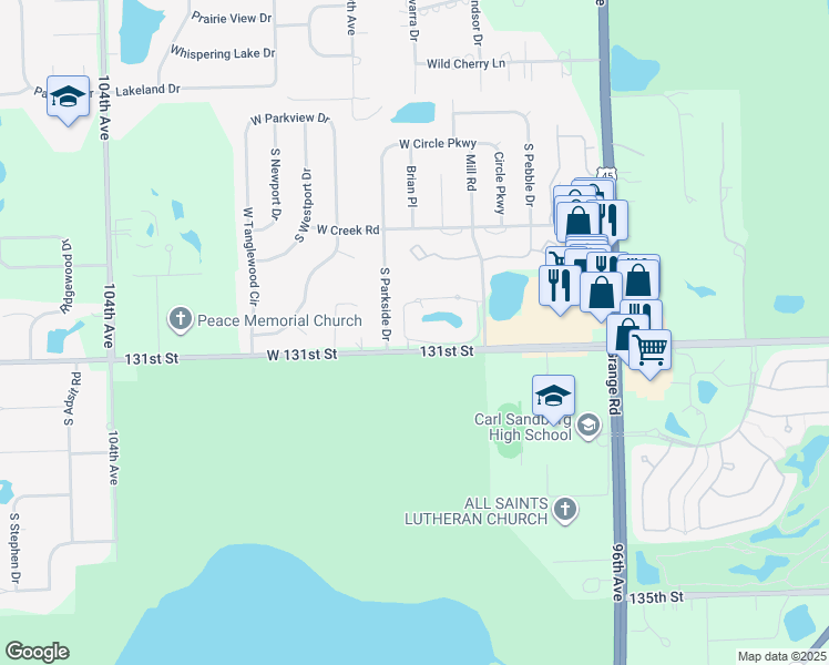 map of restaurants, bars, coffee shops, grocery stores, and more near 9841 Terrace Drive in Palos Park