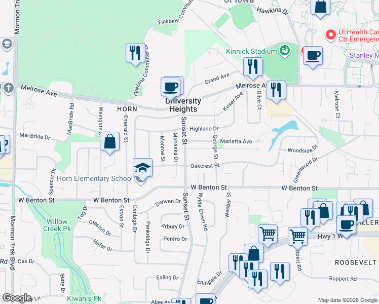 map of restaurants, bars, coffee shops, grocery stores, and more near 1308 Oakcrest Street in Iowa City