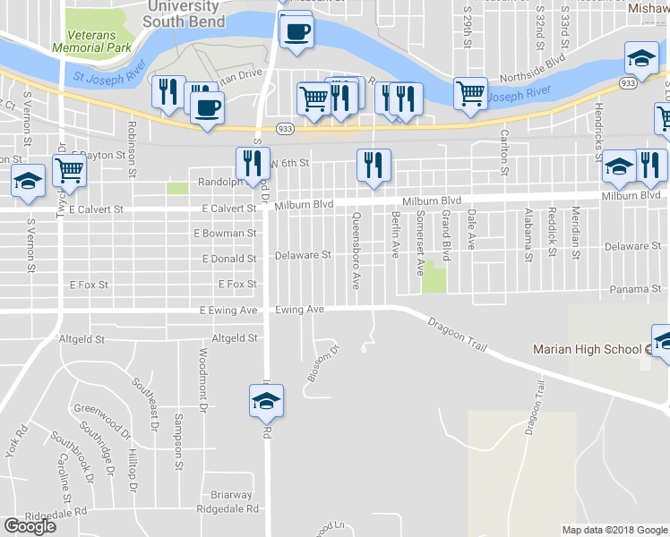 map of restaurants, bars, coffee shops, grocery stores, and more near 917 Geyer Avenue in Mishawaka