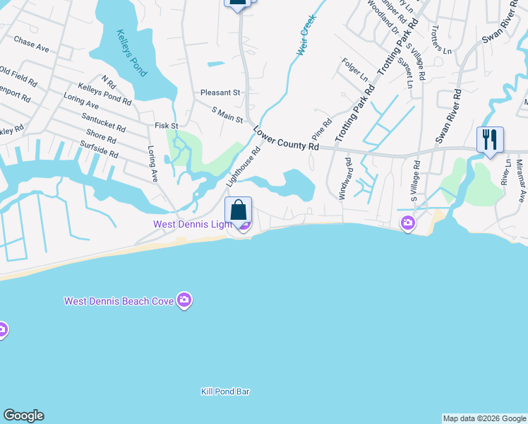 map of restaurants, bars, coffee shops, grocery stores, and more near 14 Ocean Park Way in Dennis