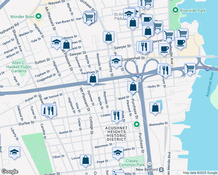 map of restaurants, bars, coffee shops, grocery stores, and more near 56 Reynolds Street in New Bedford