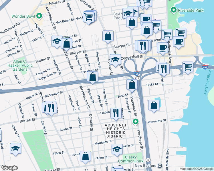 map of restaurants, bars, coffee shops, grocery stores, and more near 56 Reynolds Street in New Bedford