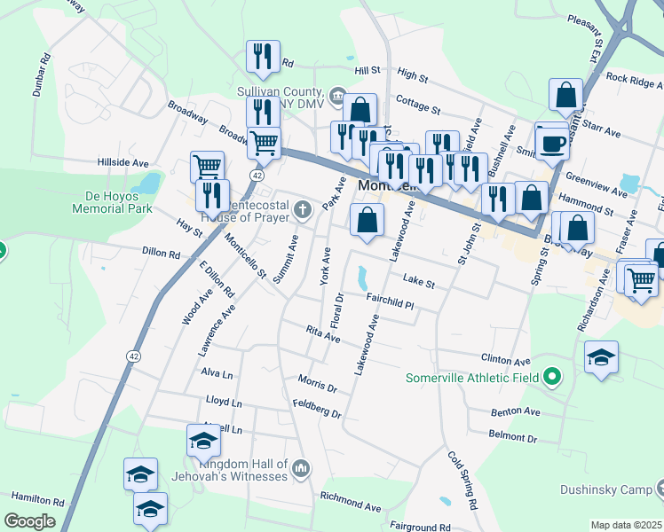 map of restaurants, bars, coffee shops, grocery stores, and more near 36 York Avenue in Monticello