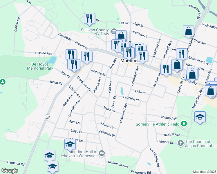 map of restaurants, bars, coffee shops, grocery stores, and more near 36 York Avenue in Monticello