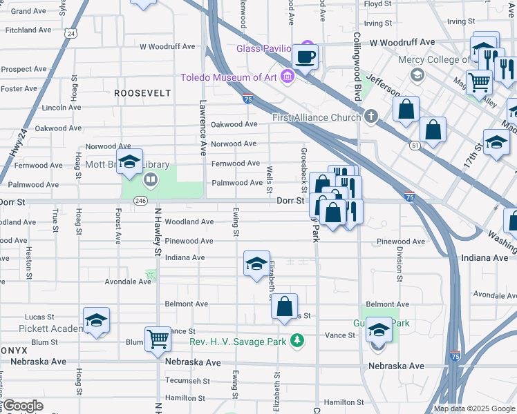 map of restaurants, bars, coffee shops, grocery stores, and more near 675 Woodland Avenue in Toledo