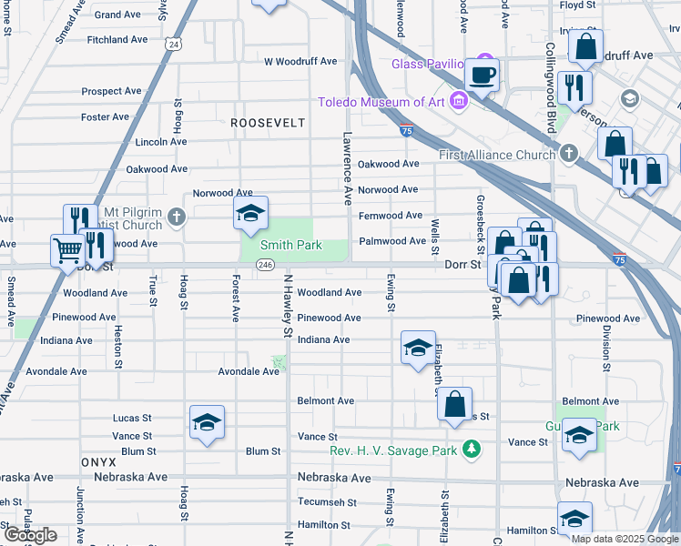 map of restaurants, bars, coffee shops, grocery stores, and more near 921 Woodland Avenue in Toledo