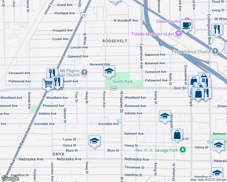 map of restaurants, bars, coffee shops, grocery stores, and more near 1015 Woodland Avenue in Toledo