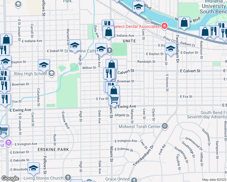map of restaurants, bars, coffee shops, grocery stores, and more near 2123 Miami Street in South Bend