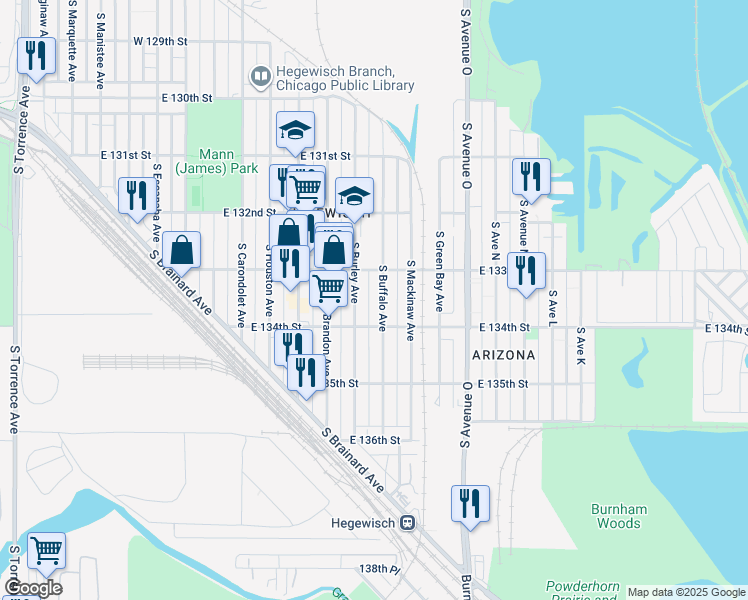 map of restaurants, bars, coffee shops, grocery stores, and more near 13359 South Burley Avenue in Chicago