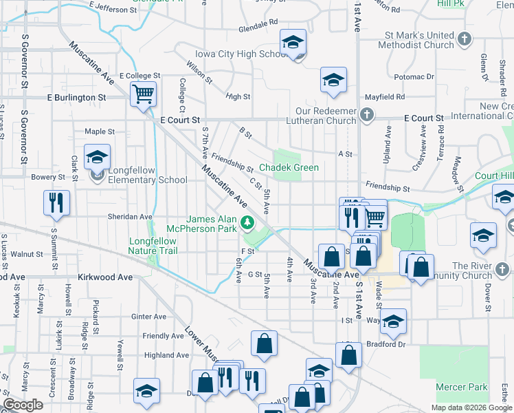 map of restaurants, bars, coffee shops, grocery stores, and more near 1851 Muscatine Ave in Iowa City