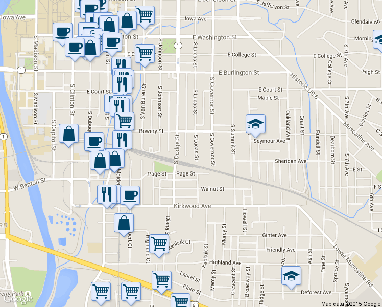 map of restaurants, bars, coffee shops, grocery stores, and more near 658 South Lucas Street in Iowa City