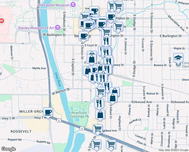 map of restaurants, bars, coffee shops, grocery stores, and more near 800 South Dubuque Street in Iowa City