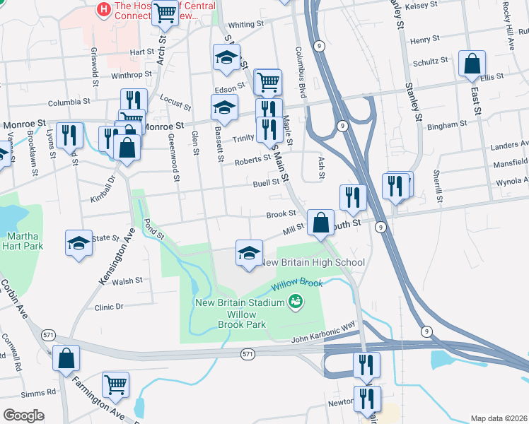 map of restaurants, bars, coffee shops, grocery stores, and more near 61 Brook Street in New Britain