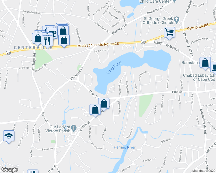 map of restaurants, bars, coffee shops, grocery stores, and more near 43 Piney Point Drive in Barnstable