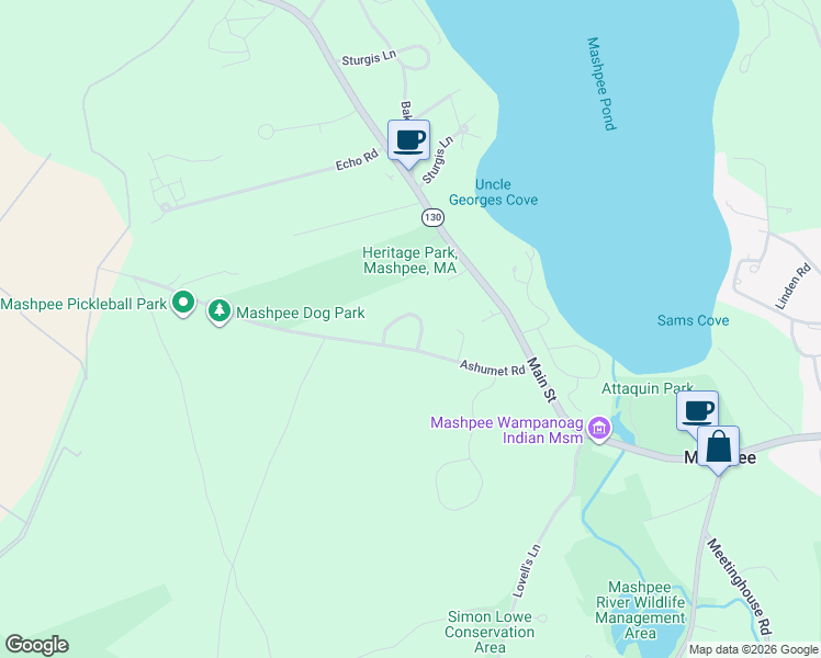 map of restaurants, bars, coffee shops, grocery stores, and more near 35-83 Ashumet Road in Mashpee