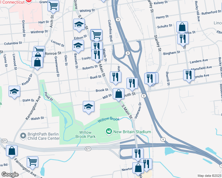 map of restaurants, bars, coffee shops, grocery stores, and more near S Main St & Brook St in New Britain