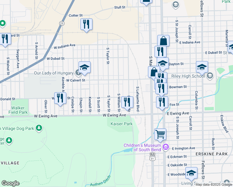 map of restaurants, bars, coffee shops, grocery stores, and more near 2109 South William Street in South Bend