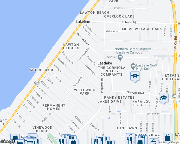 map of restaurants, bars, coffee shops, grocery stores, and more near 836 Mannering Road in Eastlake
