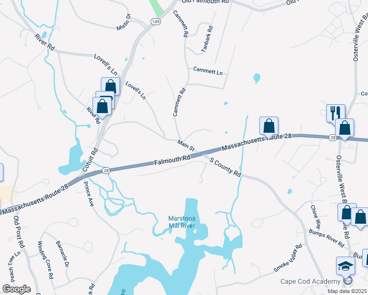 map of restaurants, bars, coffee shops, grocery stores, and more near 1965 Main Street in Barnstable