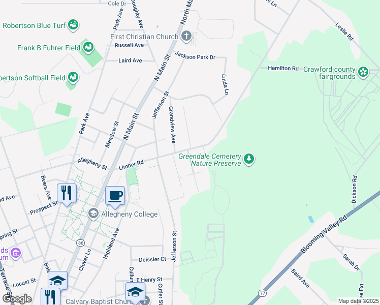 map of restaurants, bars, coffee shops, grocery stores, and more near 602 Limber Road in Meadville