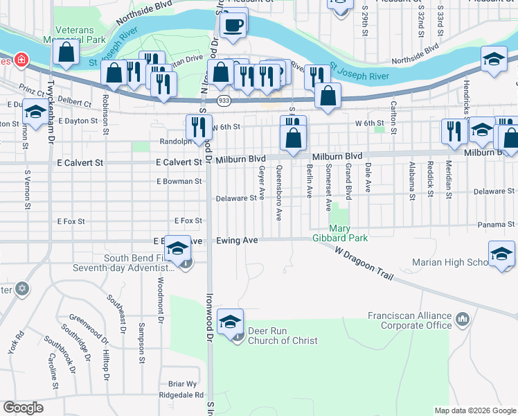 map of restaurants, bars, coffee shops, grocery stores, and more near 913 Geyer Avenue in Mishawaka