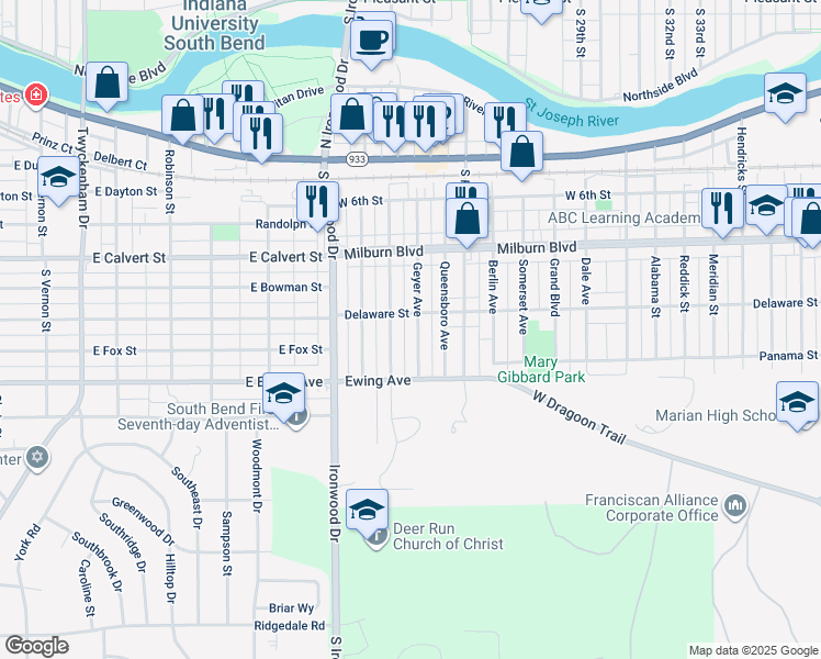map of restaurants, bars, coffee shops, grocery stores, and more near 913 Geyer Avenue in Mishawaka